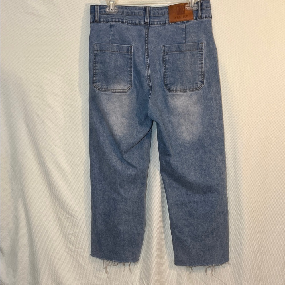 ALLIMY Light Wash High Waisted Wide Leg Jeans Raw Hem Women’s Stretch Size 12 - Picture 4 of 7